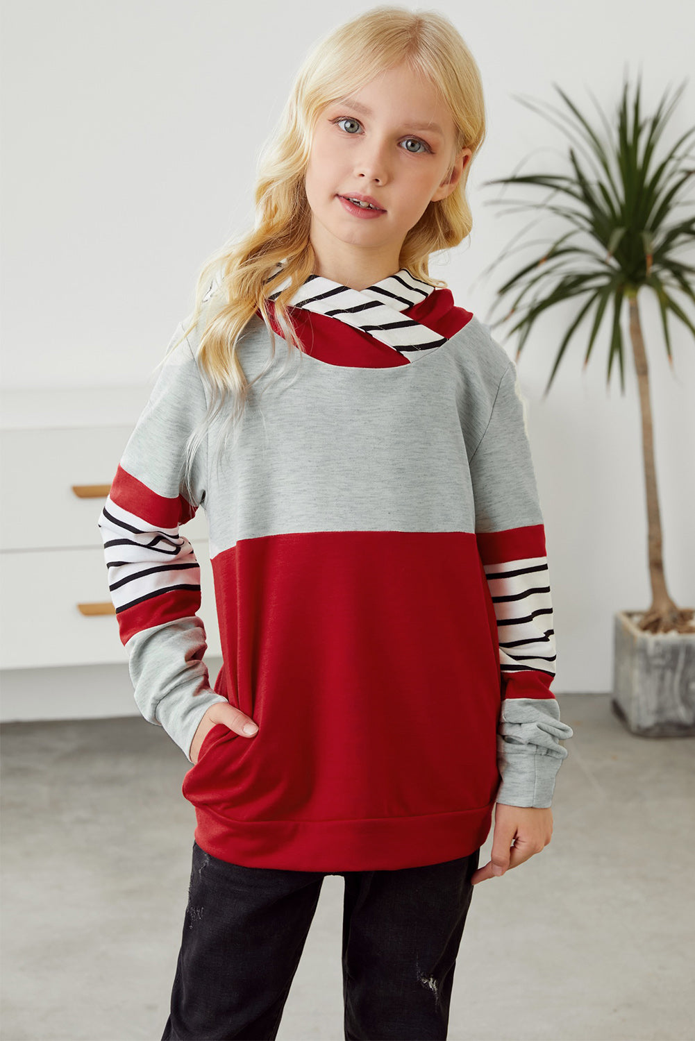 Girls Striped Color Block Hoodie