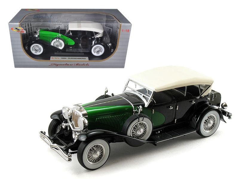 1934 Duesenberg Model J Black and Green with Cream Top 1/18 Diecast Model Car by Signature Models - Minihomy