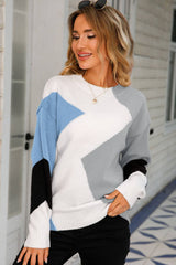 Color Block Ribbed Trim Round Neck Sweater