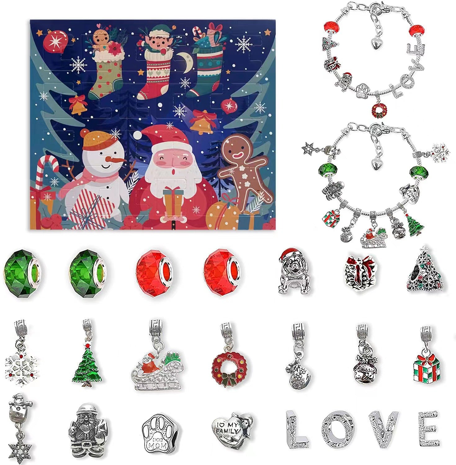 Christmas Advent 24 Countdown Calendar Gift Box Bracelet Set