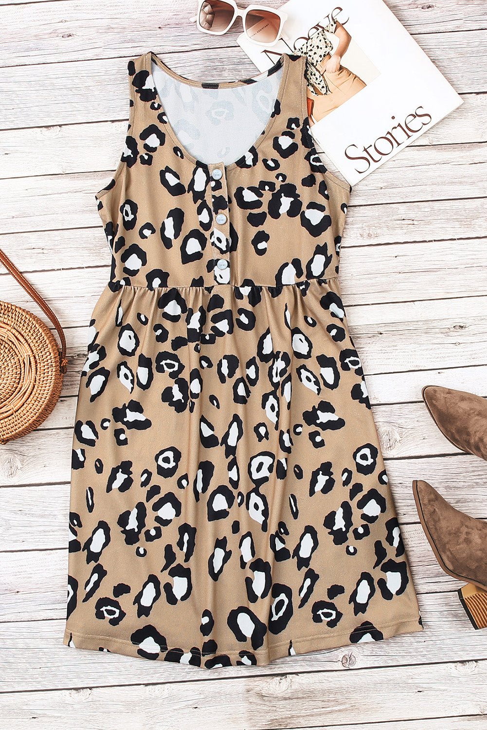 Leopard Buttoned Sleeveless Dress - Minihomy