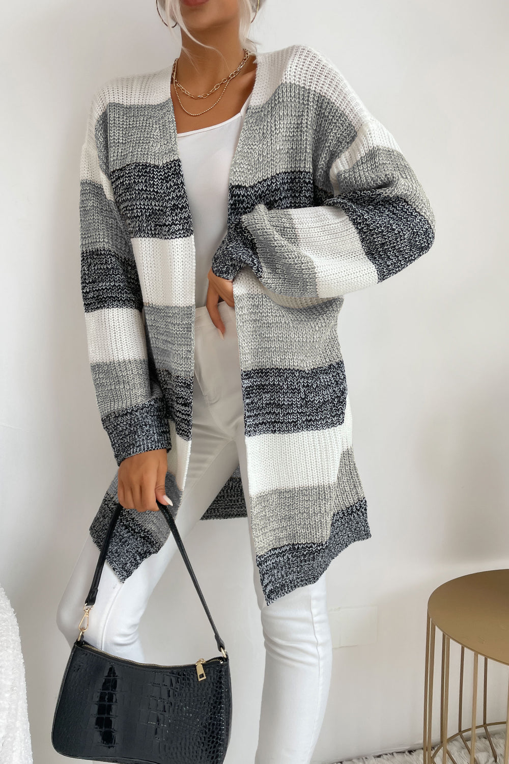 Striped Long Sleeve Duster Cardigan - Minihomy