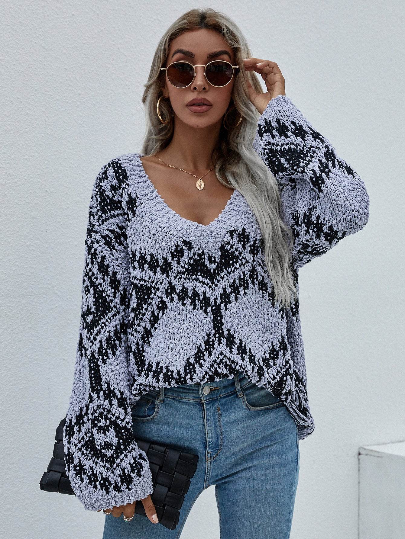 Geometric Print Chunky Knit Sweater - Minihomy