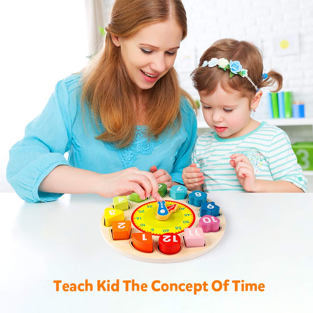 Teaching Time Number Blocks Puzzle Wooden Shape Color Sorting Clock