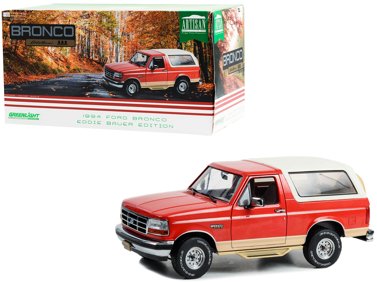 1994 Ford Bronco "Eddie Bauer Edition" Electric Red Metallic and Tucson Bronze with White Top "Artisan Collection 1/18 Diecast Model Car by Greenlight - Minihomy