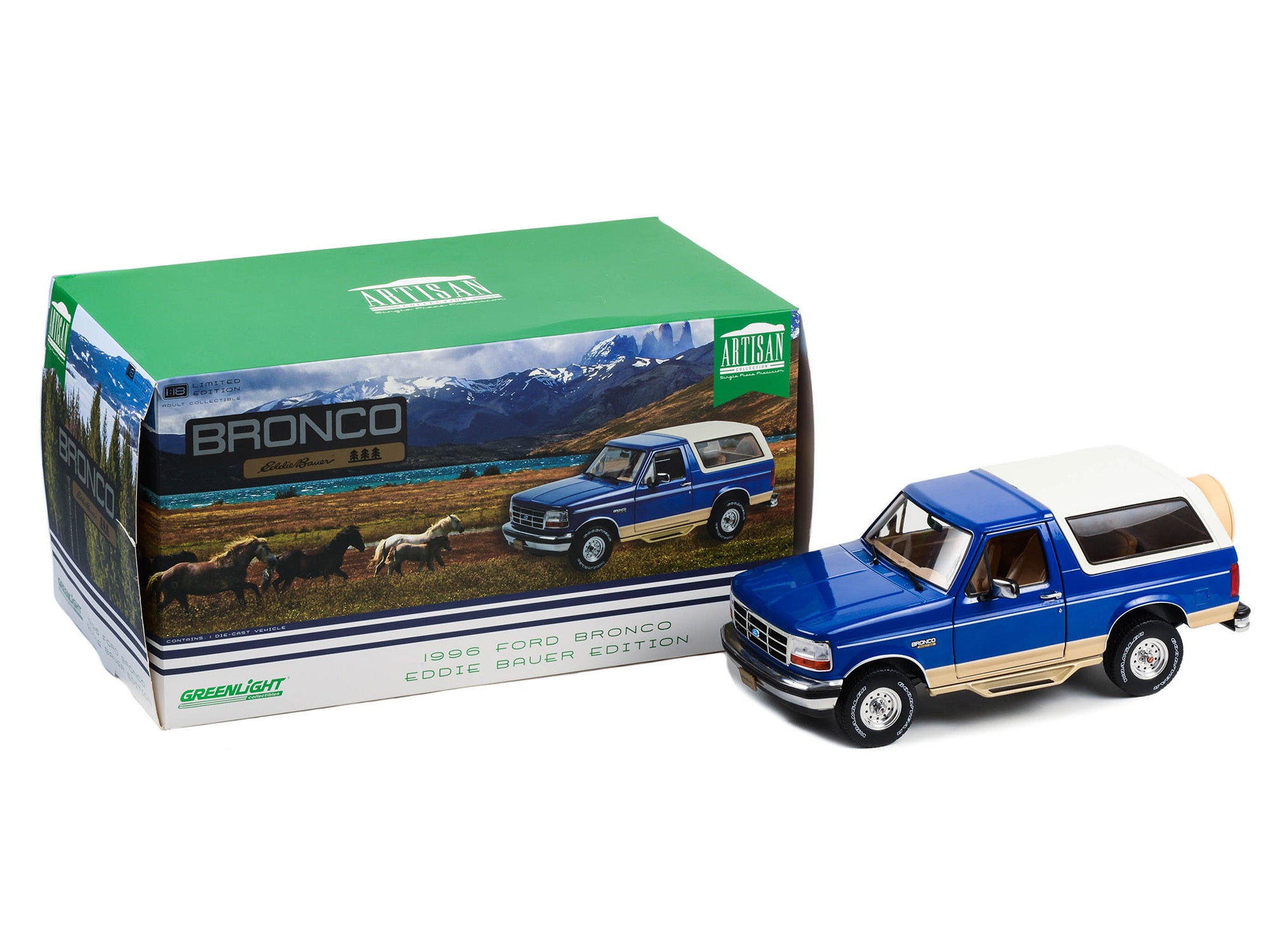 1996 Ford Bronco "Eddie Bauer Edition" Royal Blue and Tucson Bronze with White Top "Artisan Collection" 1/18 Diecast Model Car by Greenlight - Minihomy