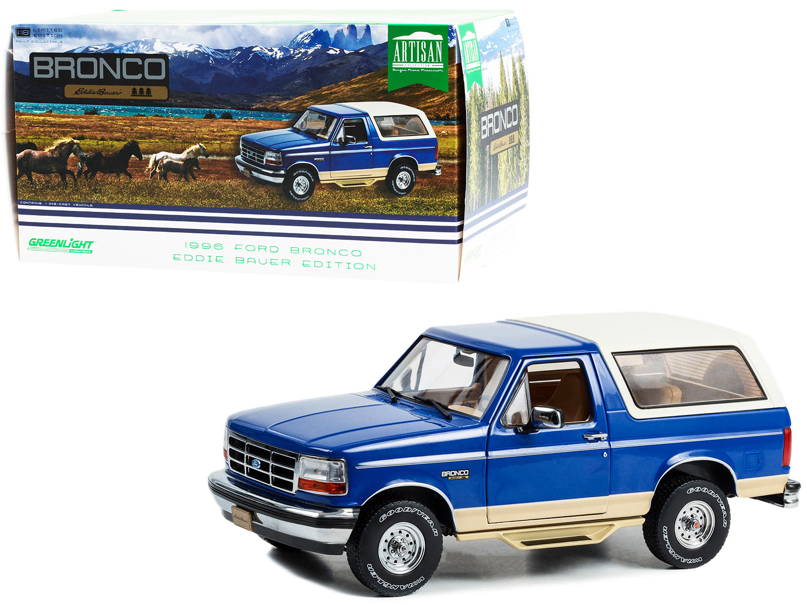 1996 Ford Bronco "Eddie Bauer Edition" Royal Blue and Tucson Bronze with White Top "Artisan Collection" 1/18 Diecast Model Car by Greenlight - Minihomy