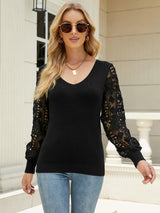 Lace Sleeve Ribbed Trim V-Neck Sweater