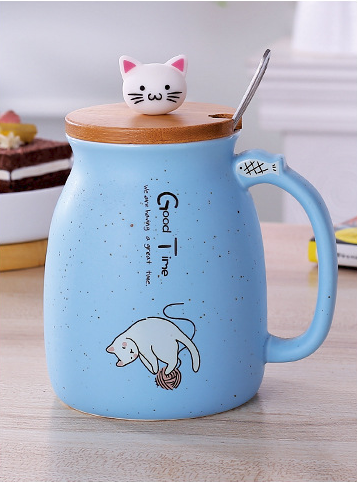 Cartoon Ceramics Cat Mug With Lid and Spoon Coffee Milk Tea Mugs - Minihomy