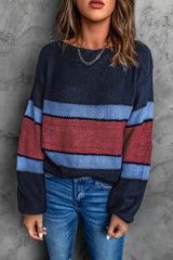 Color Block Boat Neck Dropped Shoulder Sweater - Minihomy