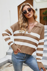 Striped Johnny Collar Dropped Shoulder Sweater