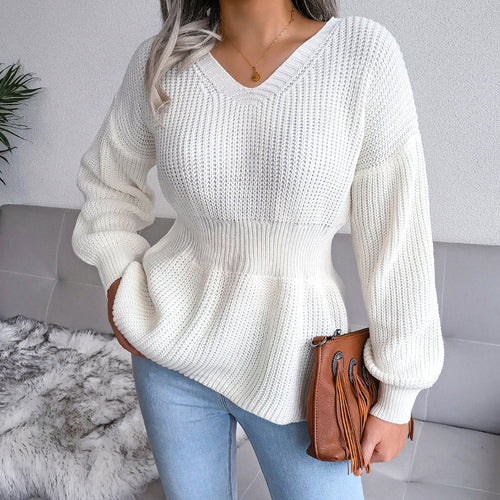 V-Neck Rib-Knit Peplum Sweater