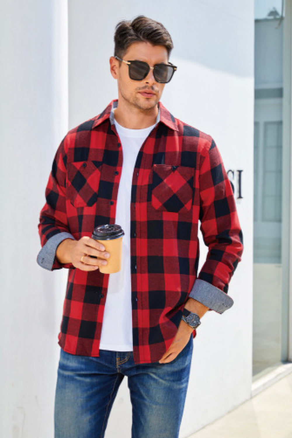 Plaid Button Front Long Sleeve Shirt with Breast Pockets - Minihomy