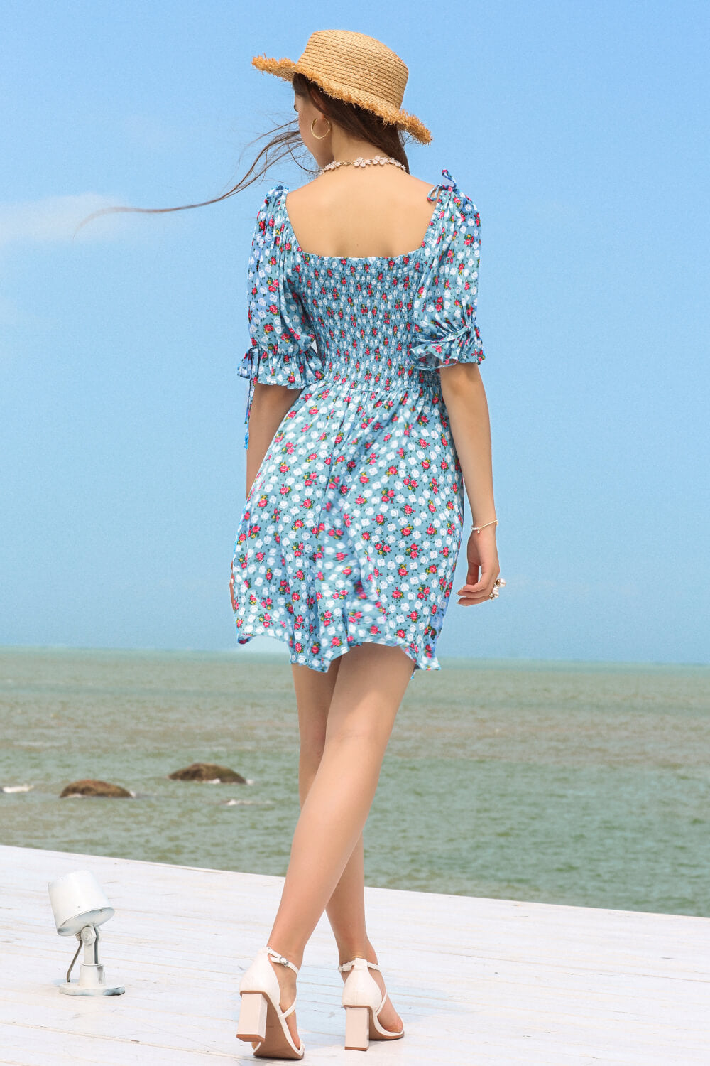 Floral Flounce Sleeve Square Neck Dress - Minihomy