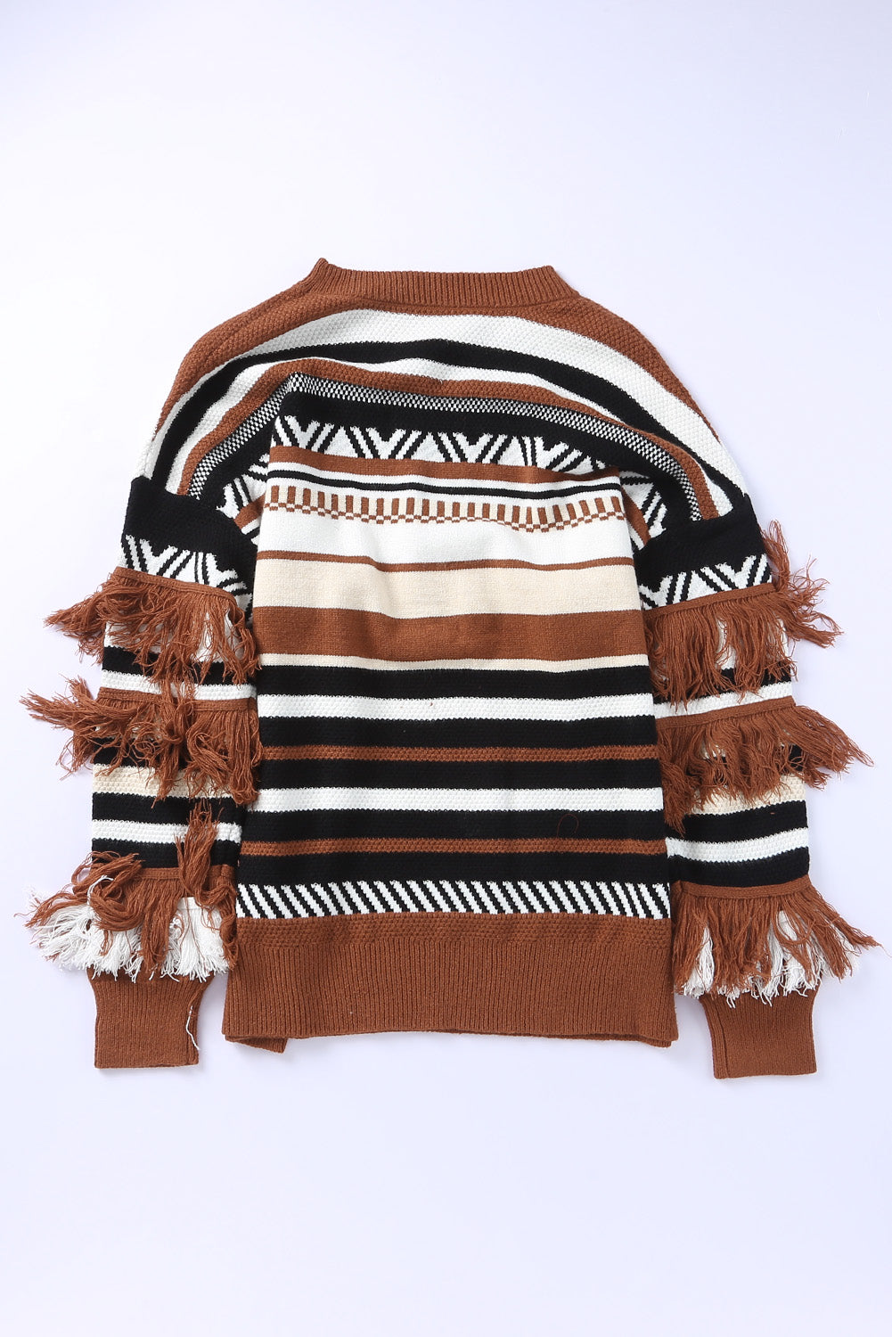 Striped  Fringe Trim Round Neck Sweater