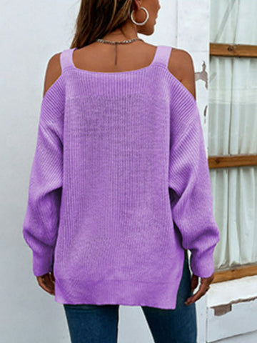 Rib-Knit Slit Cold-Shouder Sweater