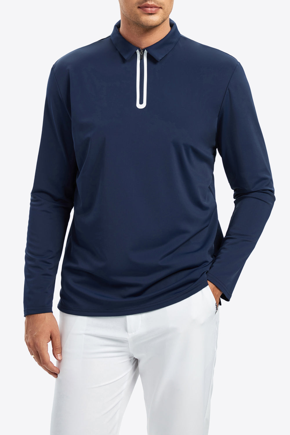 Contrast Long Sleeve Zip Polo Shirt - Minihomy