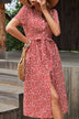 Ditsy Floral Button Front Tied Puff Sleeve Dress - Minihomy