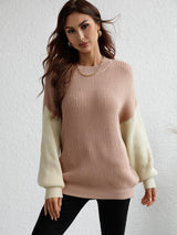 Two-Tone Rib-Knit Dropped Shoulder Sweater - Minihomy