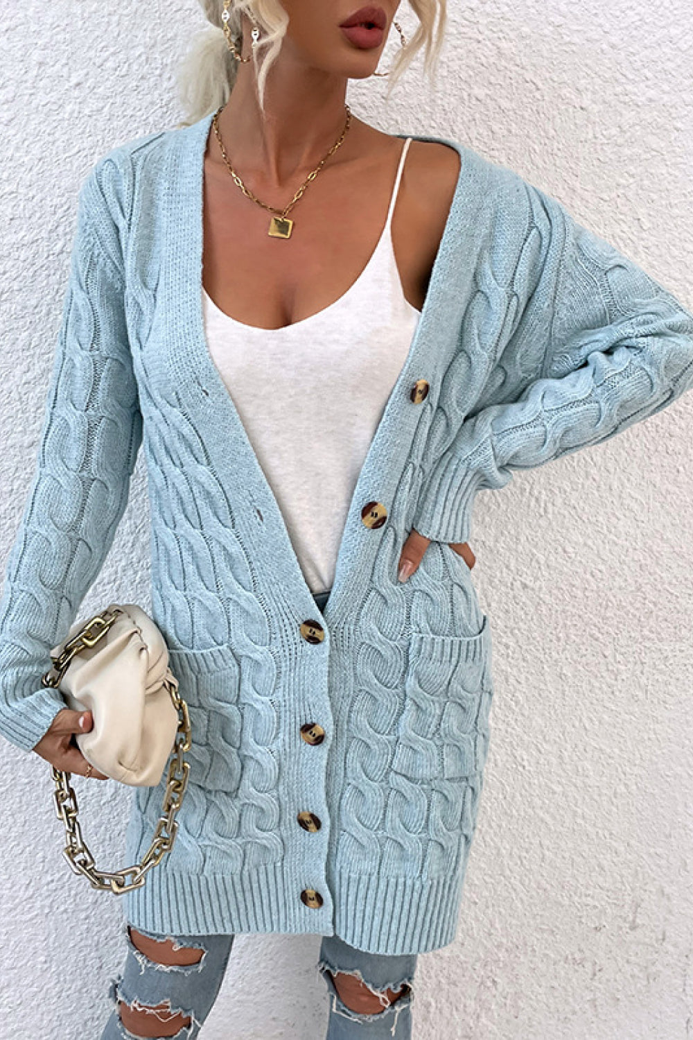 Cable-Knit Button Down Duster Cardigan