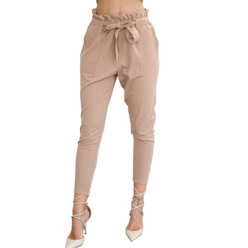 Stylish Pleated Sashes Women Slim Long Pants High Elastic Waist Straight Trousers