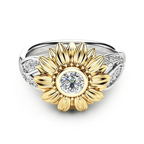 Gold-plated couple ring sunflower flower color separation zircon ring
