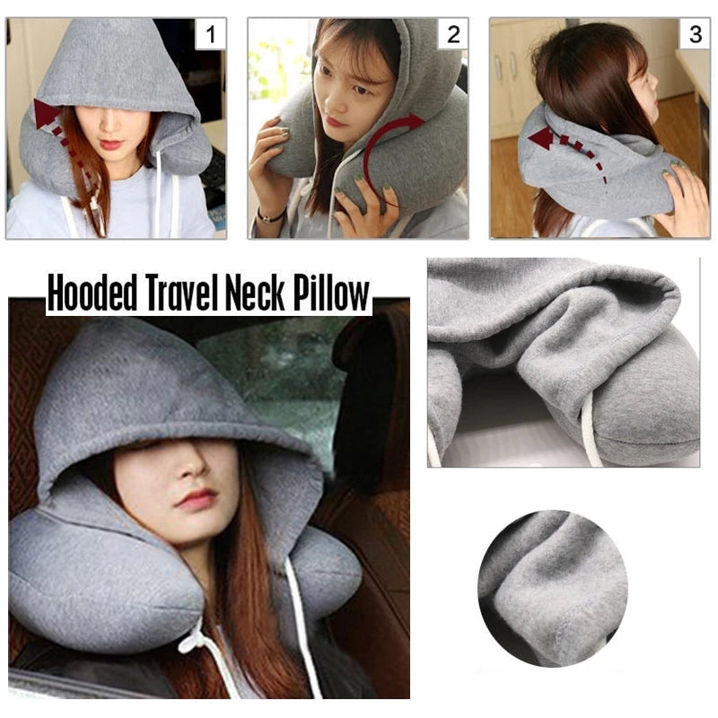 Travel Hooded U-Shaped Pillow Cushion Car Office Airplane Head Rest Neck Support U-Shaped
