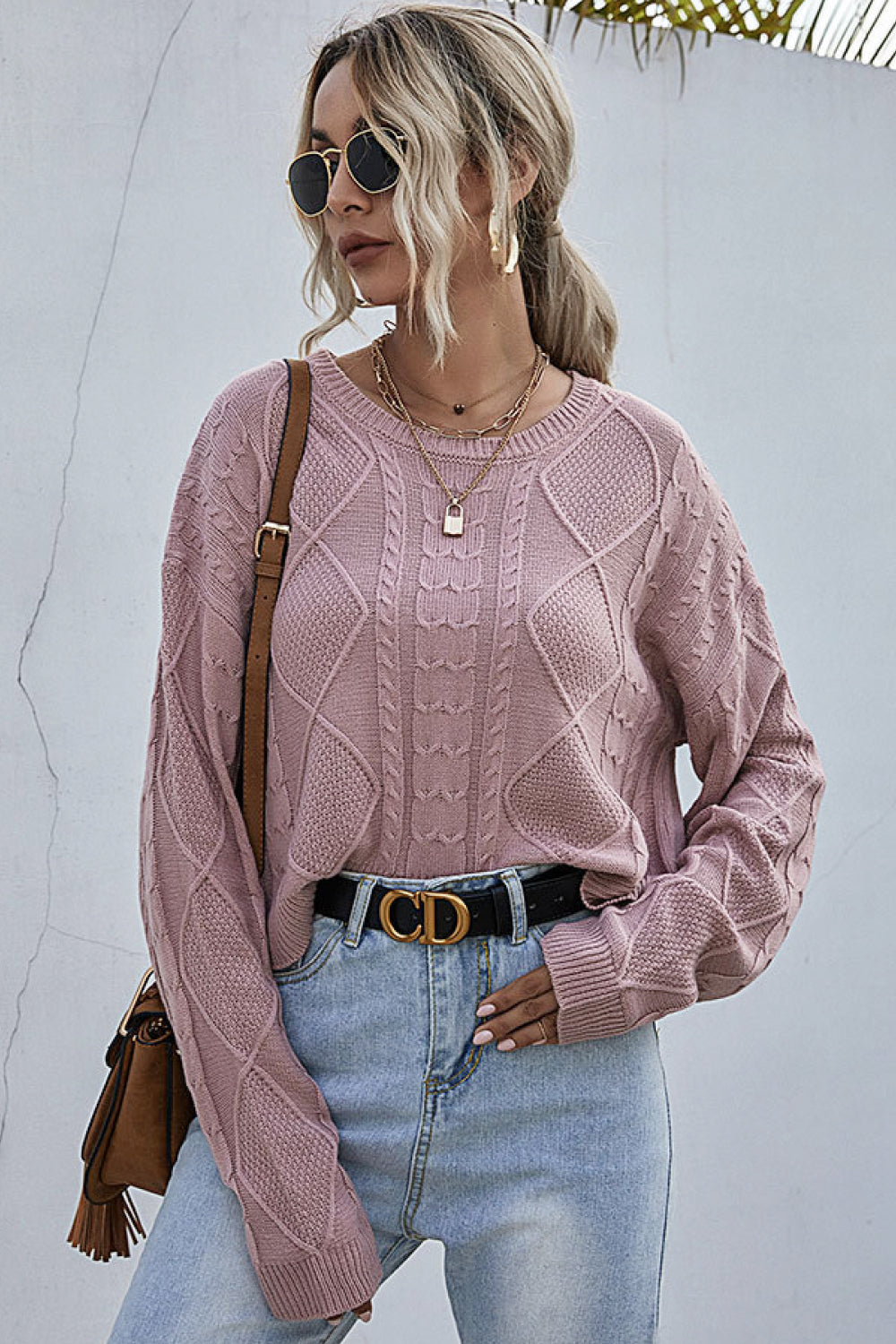 Cable-Knit Dropped Shoulder Cropped Sweater - Minihomy