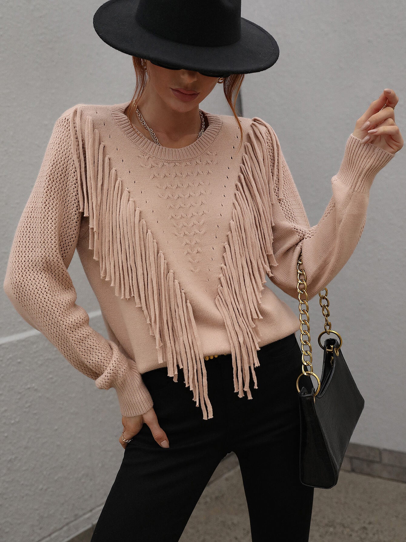 Fringe Detail Ribbed Trim Sweater - Minihomy