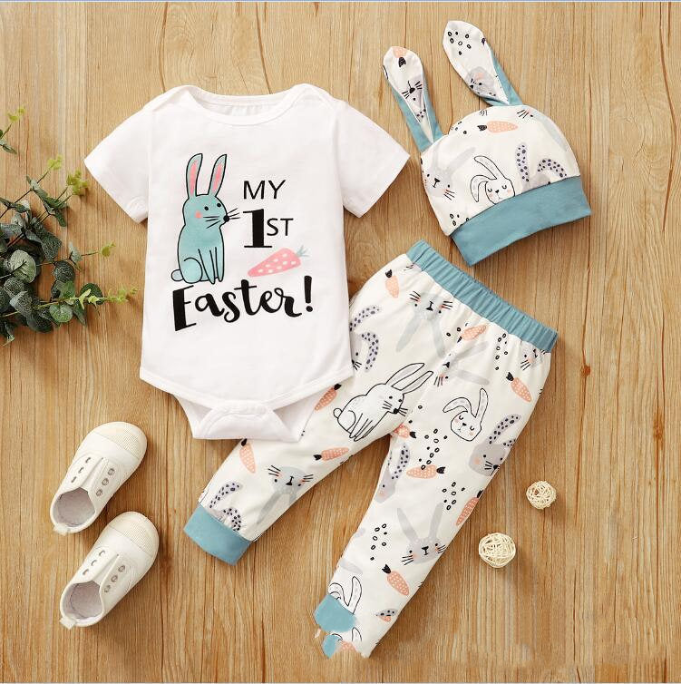 Easter Print Rabbit Romper Three Piece - 2 Colors