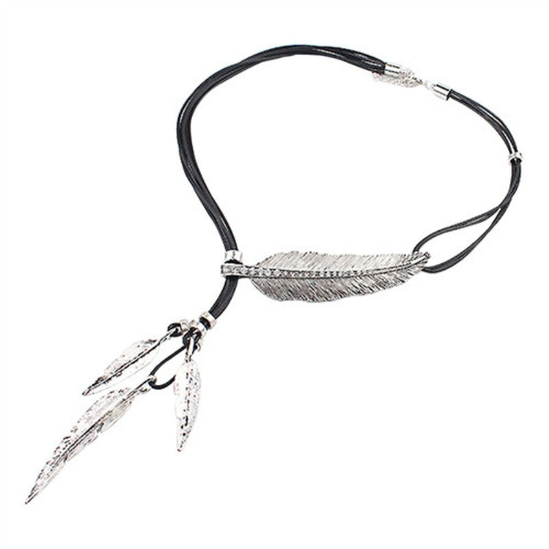 3 Colors Black Rope Multilayer Feather Leaf Tassels Pendant Necklace