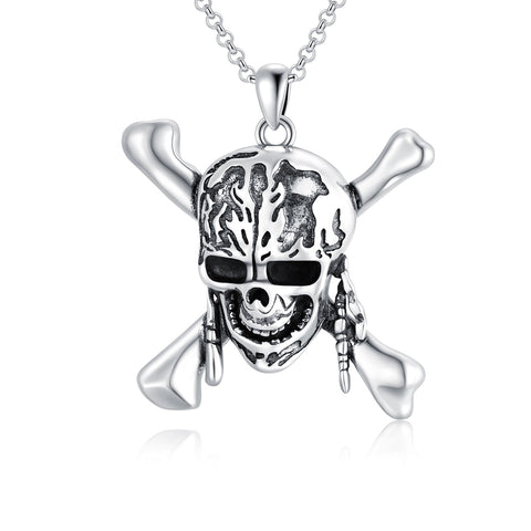 Sterling Silver Pirate Vintage Punk Style Skull Pendant Necklace for Men