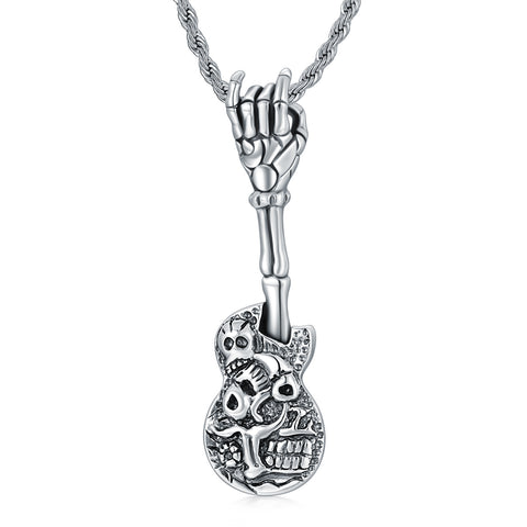 Skull Guitar Pendant for Men Punk Rock Gothic Skeleton Necklace for Men