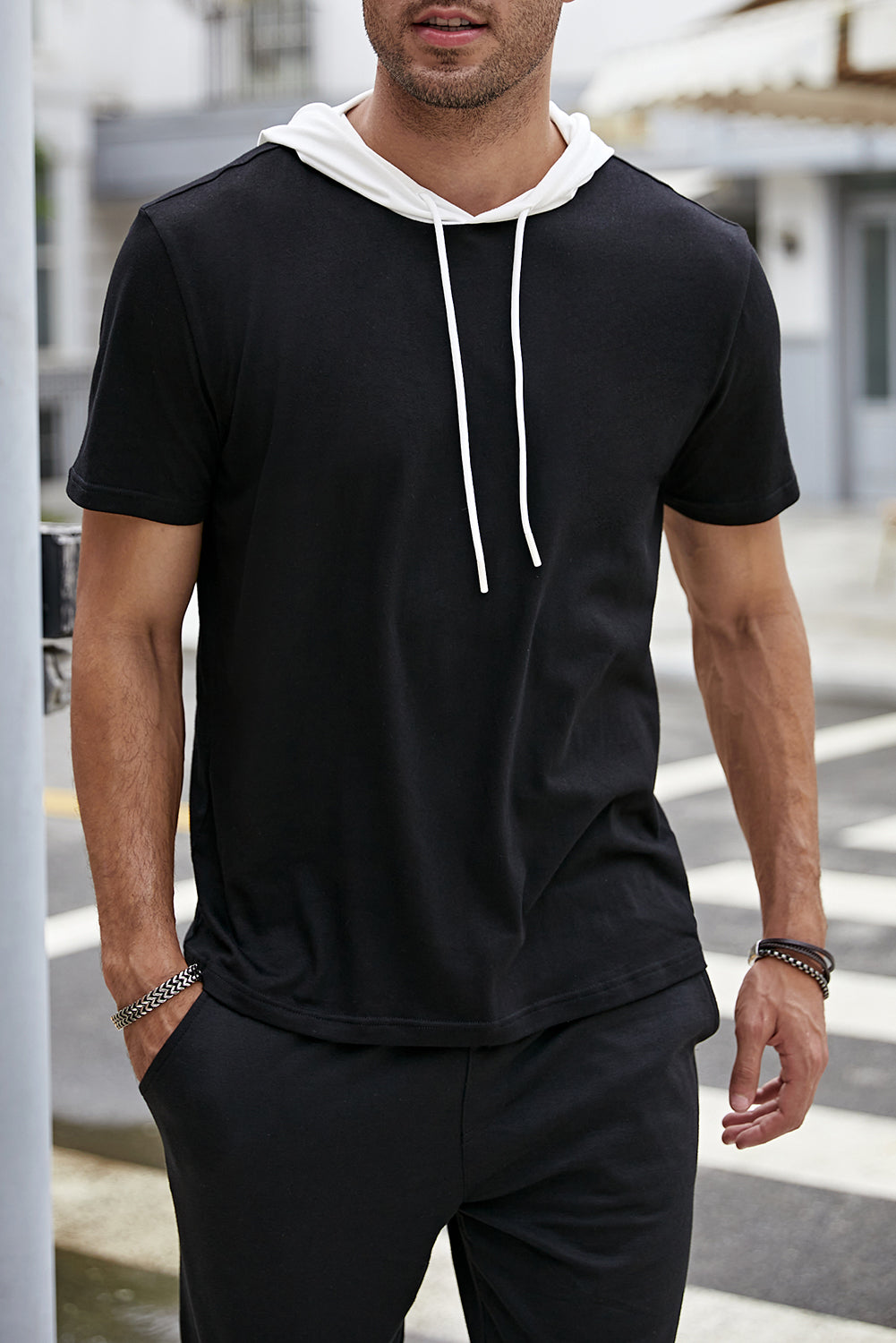 Contrast Drawstring Short Sleeve Hoodie - Minihomy