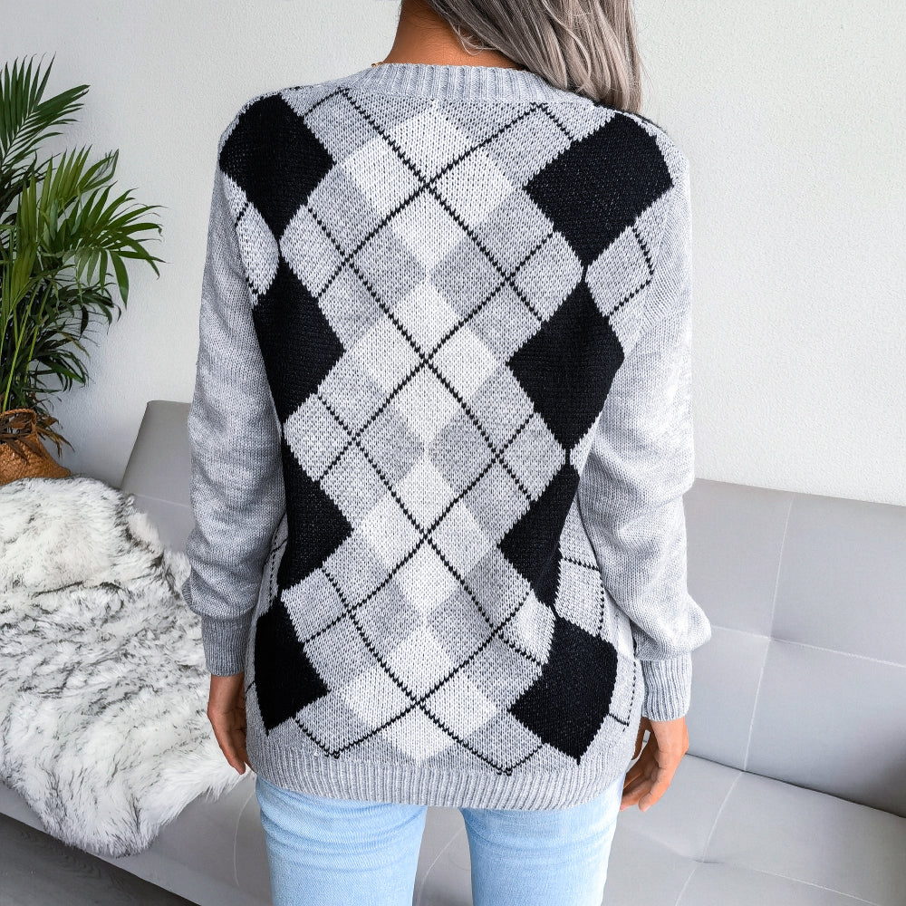 Argyle V-Neck Long Sleeve Sweater - Minihomy