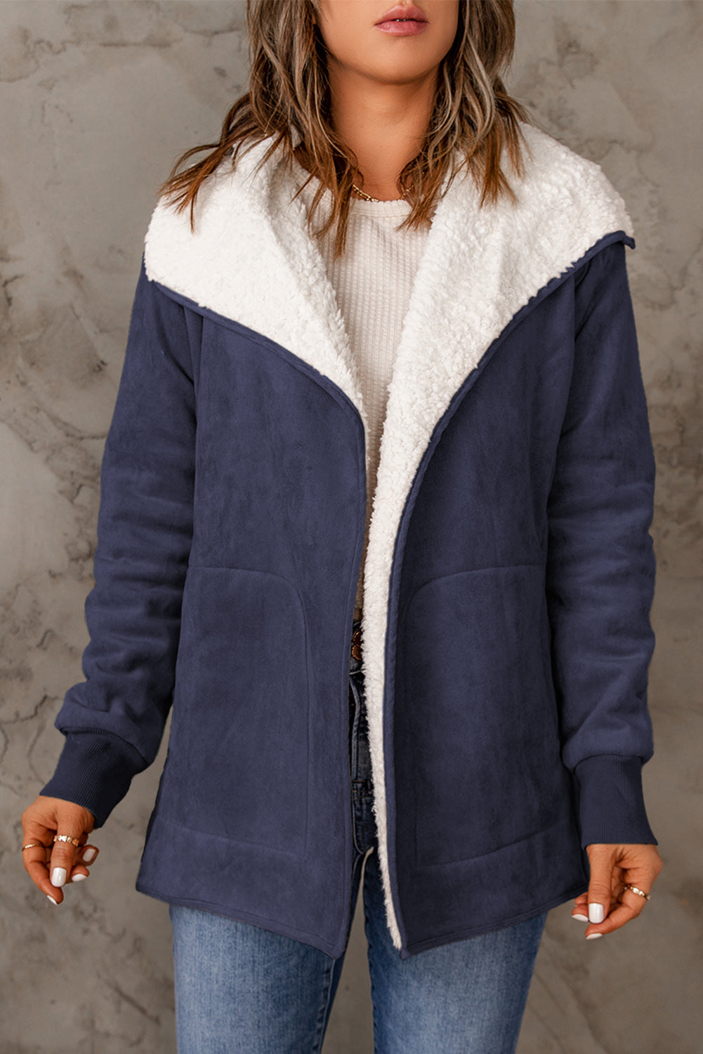 Faux Suede Sherpa Lining Jacket with Pockets