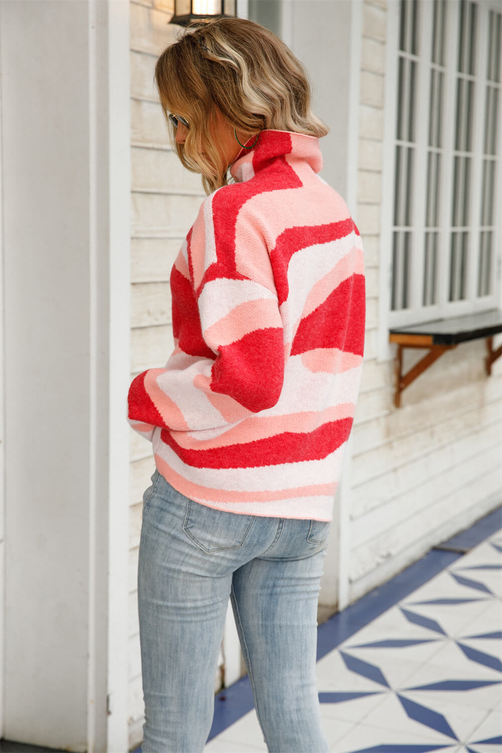 Abstract High Neck Dropped Shoulder Sweater - Minihomy