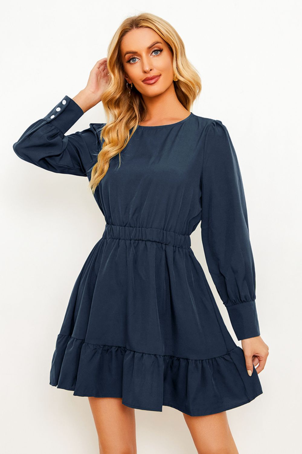 Round Neck Puff Sleeve Ruffle Hem Dress