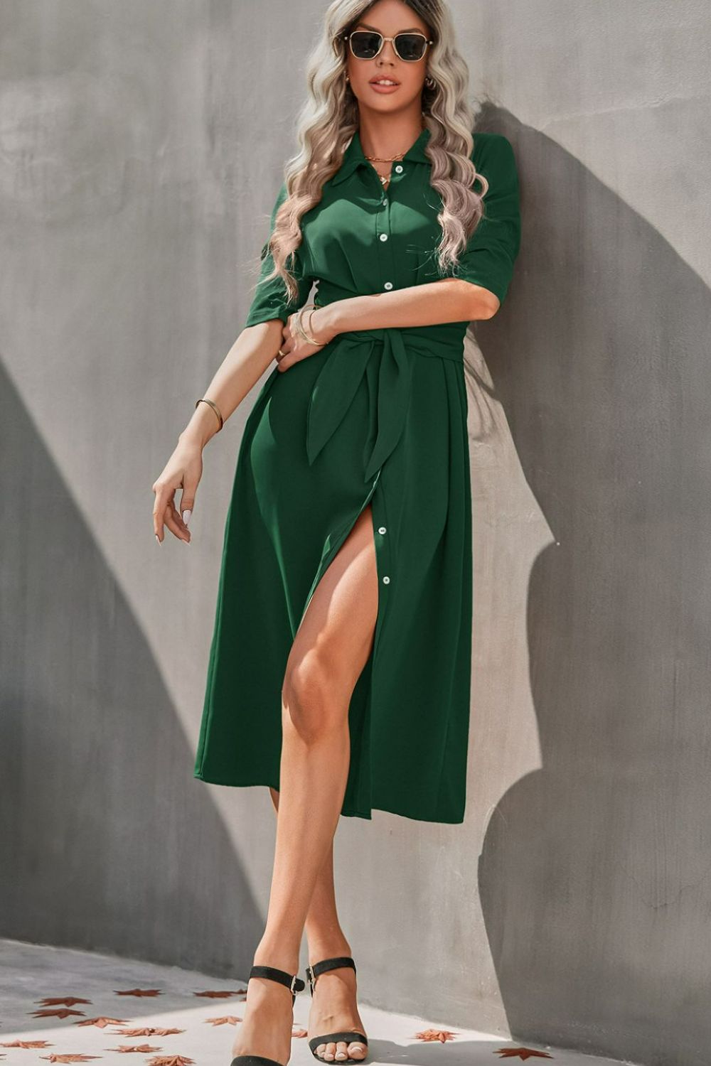 Collared Neck Tie Waist Midi Shirt Dress - Minihomy