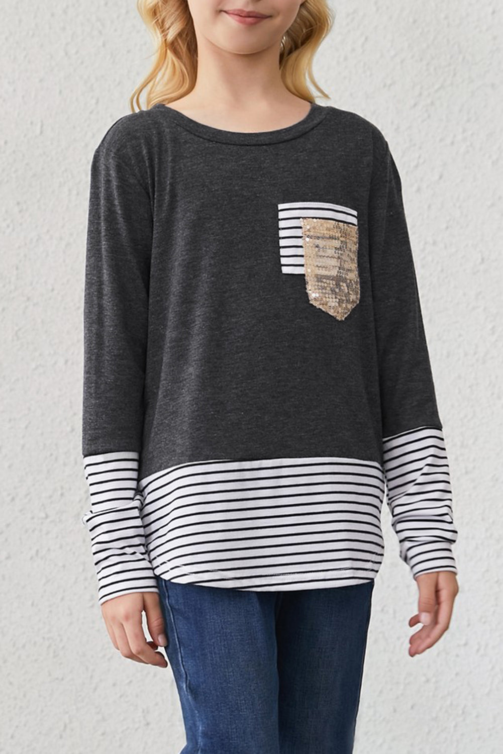 Girls Striped Color Block Sequin Pocket Top - Minihomy