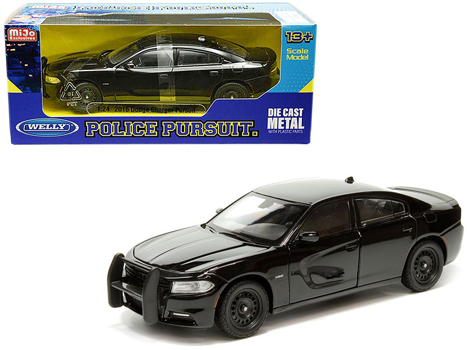 2016 Dodge Charger Pursuit Police Interceptor Black Unmarked "Police Pursuit" Series 1/24 Diecast Model Car by Welly - Minihomy