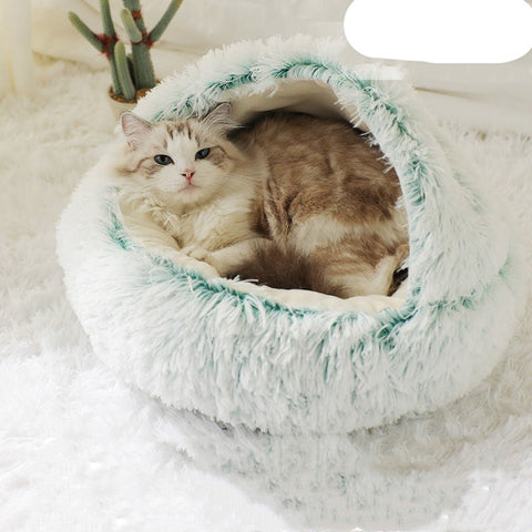Pet Bed Round Plush Warm Bed House Soft Long Plush Bed  2 In 1 Bed