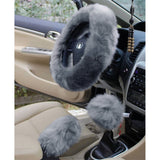Pure Wool Car Steering Wheel Cover Leather Sheepskin Handle Hand Brake Set Gear Set Three-piece