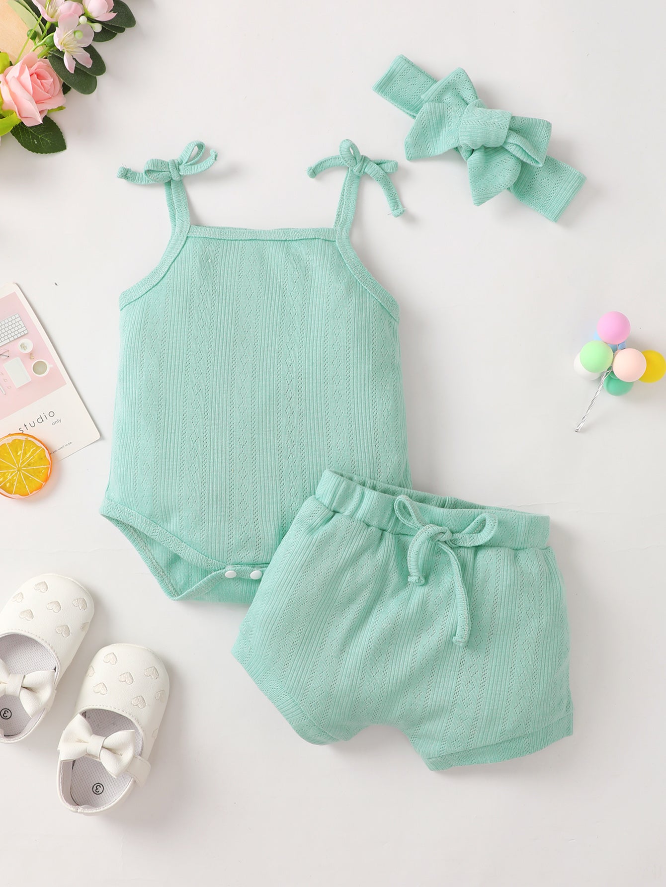 Baby Girl Waffle-Knit Tie-Shoulder Top and Shorts Set - Minihomy