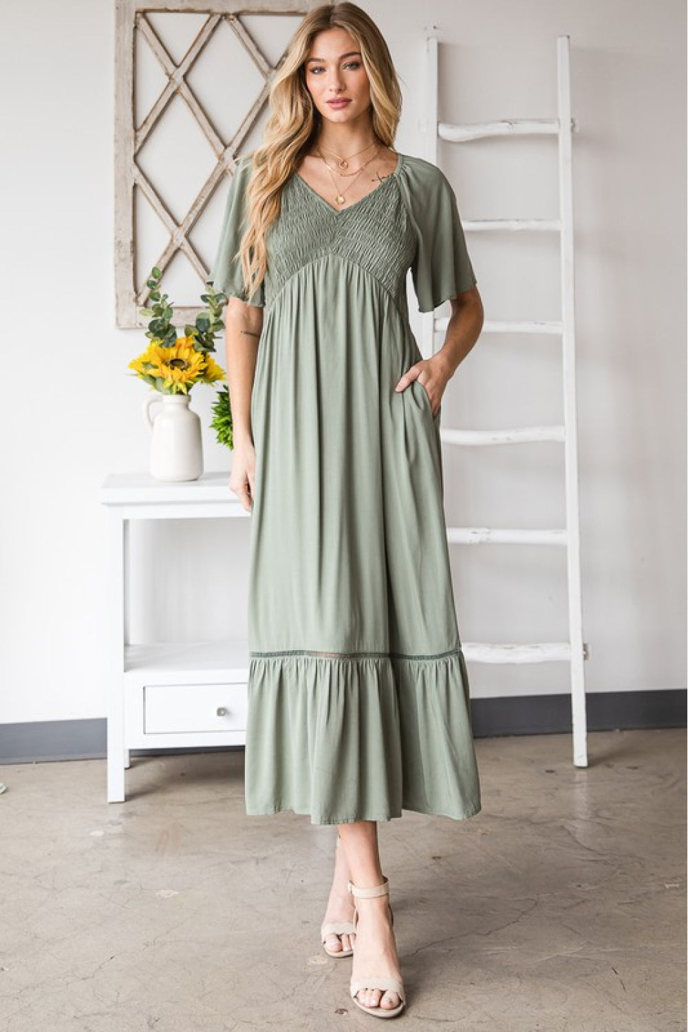 HEYSON Full Size Smocked Pocket Midi Dress in Sage