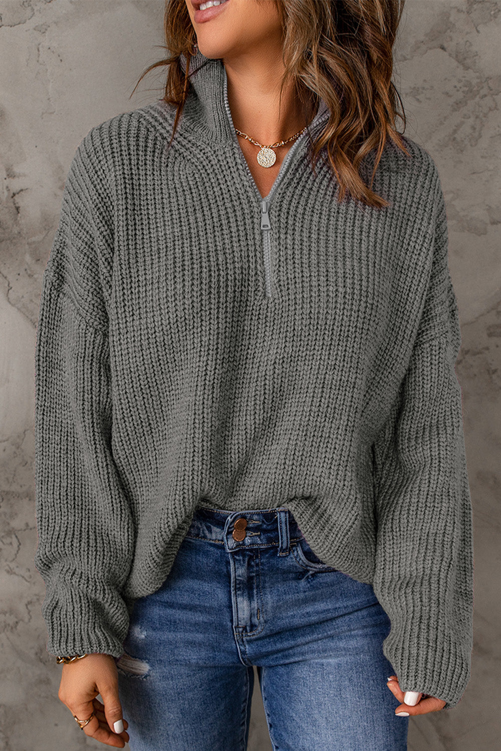 Half Zip Rib-Knit Dropped Shoulder Sweater - Minihomy