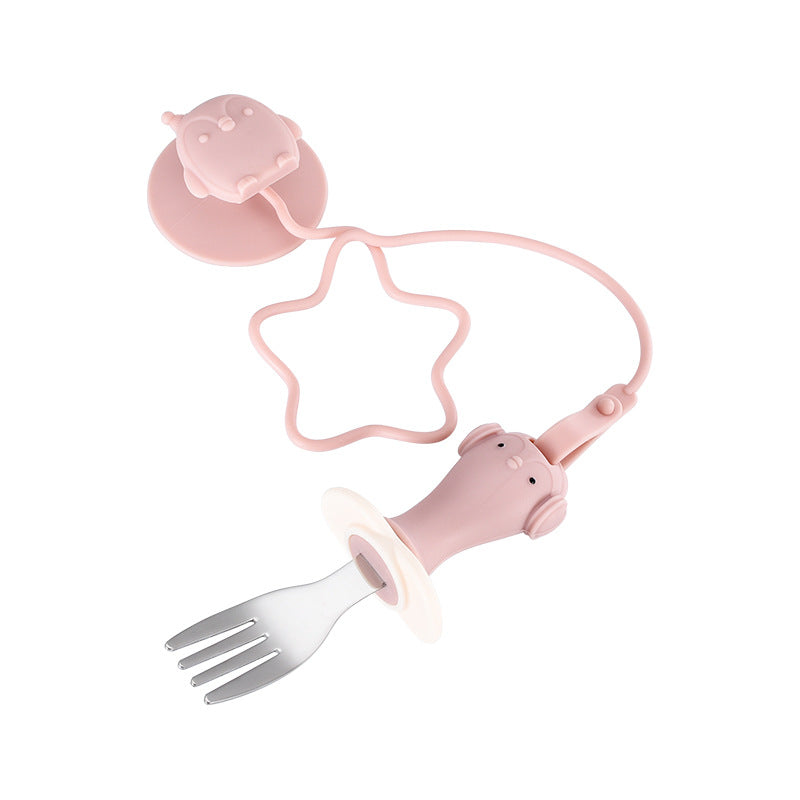 Infant Stainless Steel Training Spoon Fork Silicone Anti-drop for Children's