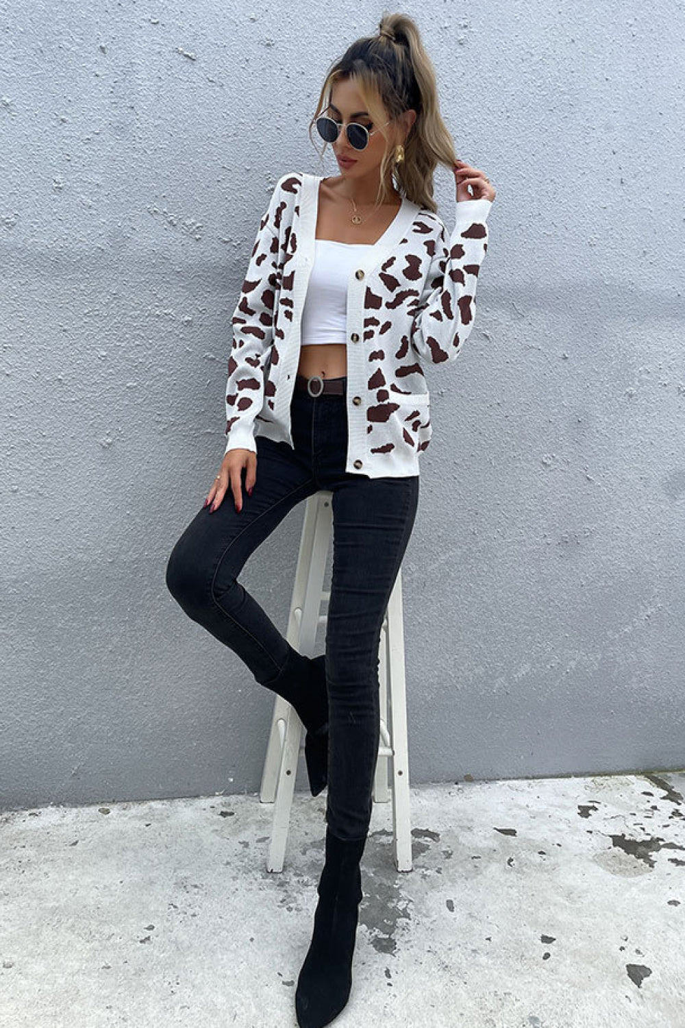 Animal Print Button Front Sweater Cardigan - Minihomy