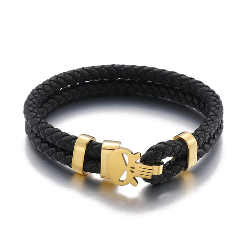 Double Layer Leather Stainless Steel Skull Bracelet