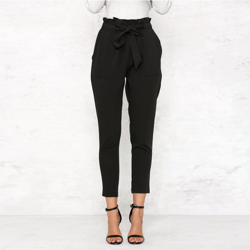 Stylish Pleated Sashes Women Slim Long Pants High Elastic Waist Straight Trousers